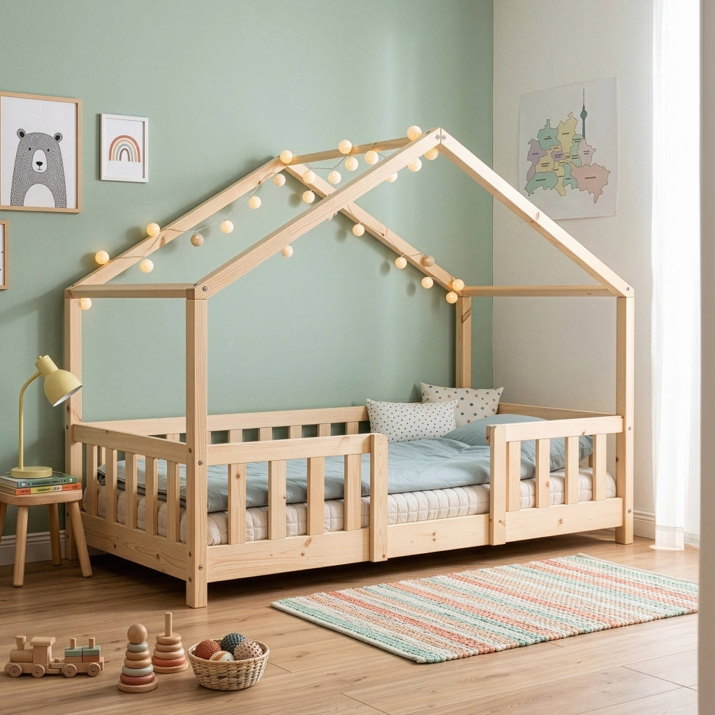 Letto per Cameretta Treviolo a Forma di Casetta in Stile Montessori 80x160 cm Naturale [en.casa]