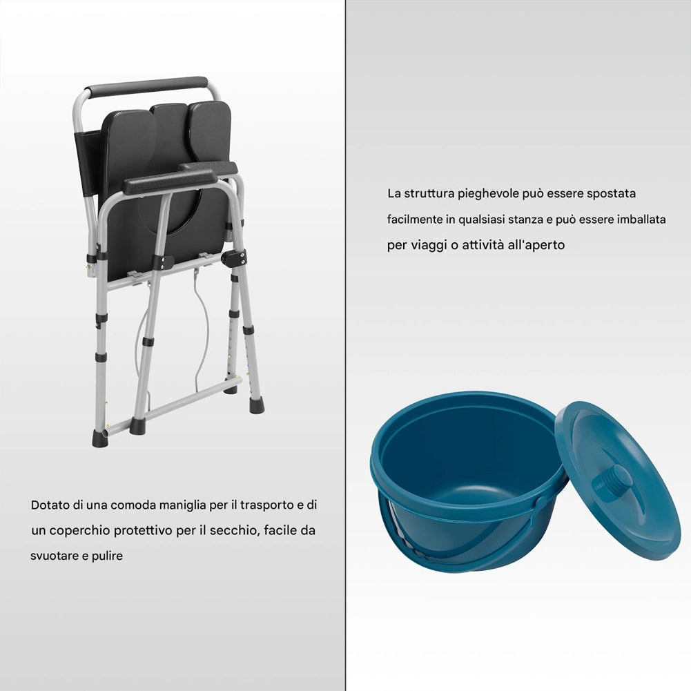 Sedia Wc in Metallo ed Ecopelle Secchio e Coperchio Anziani Altezza Regolabile