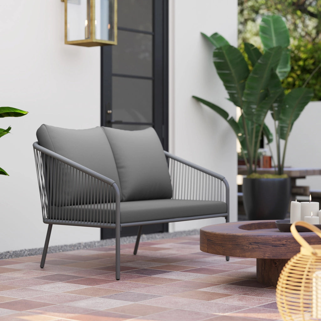 Divano 2 Posti Stile Boho con Cuscini Sfoderabili e Braccioli, in Acciaio e Rattan PE, 112x72x76 cm, Grigio