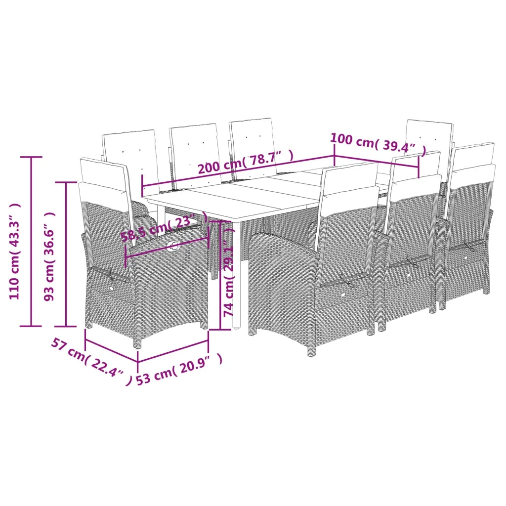 Set da Pranzo da Giardino 9 pz con Cuscini Beige in Polyrattan