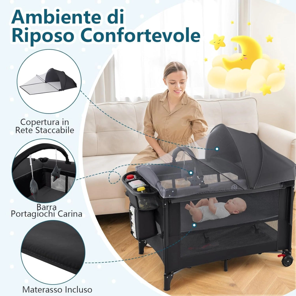 Lettino da Viaggio Pieghevole, Culla Portatile per Bambini, Lettino per Bambini con 4 Altezze Regolabili, Fasciatoio, Materasso, Box Bambini, per Bambini 0-3 Anni