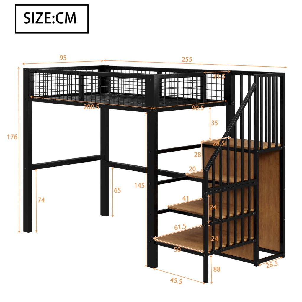 Letto a soppalco 90x200 cm con scala di sicurezza e armadio in metallo nero