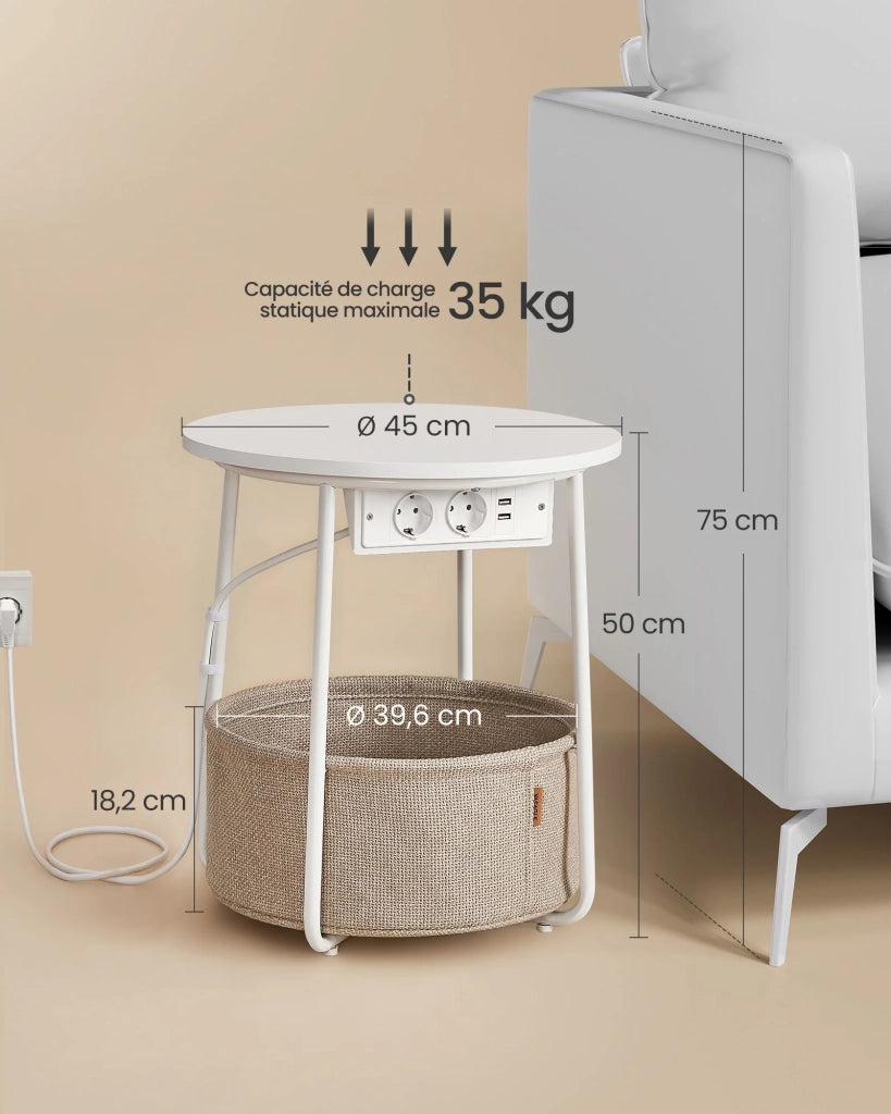 Tavolino rotondo piccolo con cestino in tessuto 45 x 50 cm contenitore per soggiorno/camera da letto/comodino stile moderno bianco 12_0006929