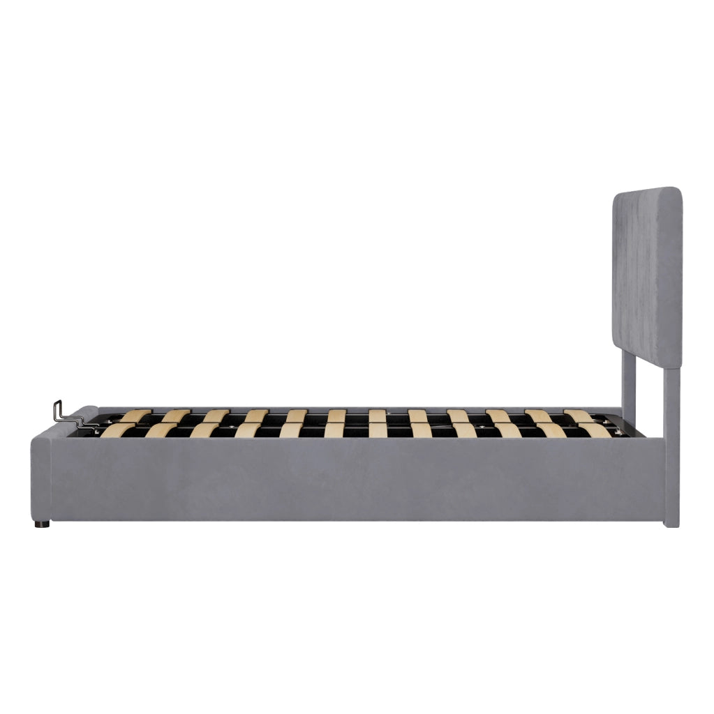 Letto matrimoniale imbottito 140x200 cm con contenitore; meccanismo idraulico e velluto grigio
