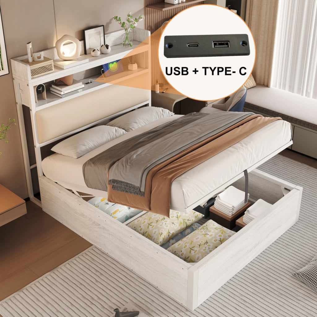 OKWISH Letto Contenitore 90×200 cm, Letto Singolo con Sollevamento Idraulico, USB e Testiera Imbottita, senza Materasso, Bianco