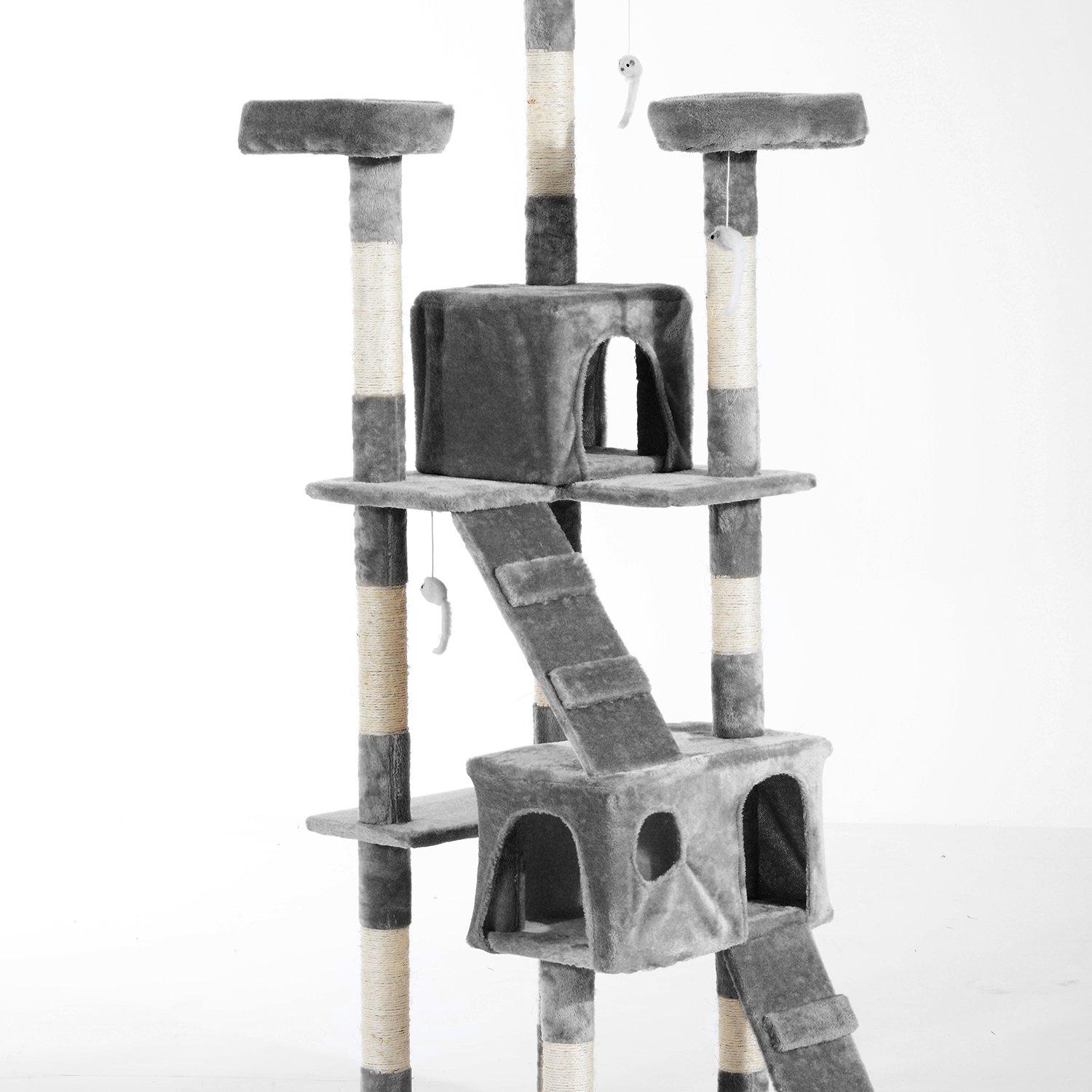 Albero Tiragraffi per Gatti con Due Cucce in Peluche e Sisal Grigio 50x50x170 cm
