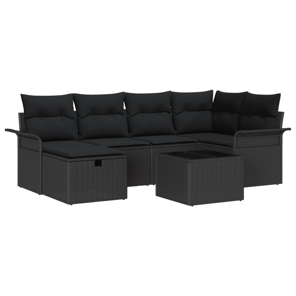 Set divano da giardino 7 pezzi con cuscini in polyrattan nero