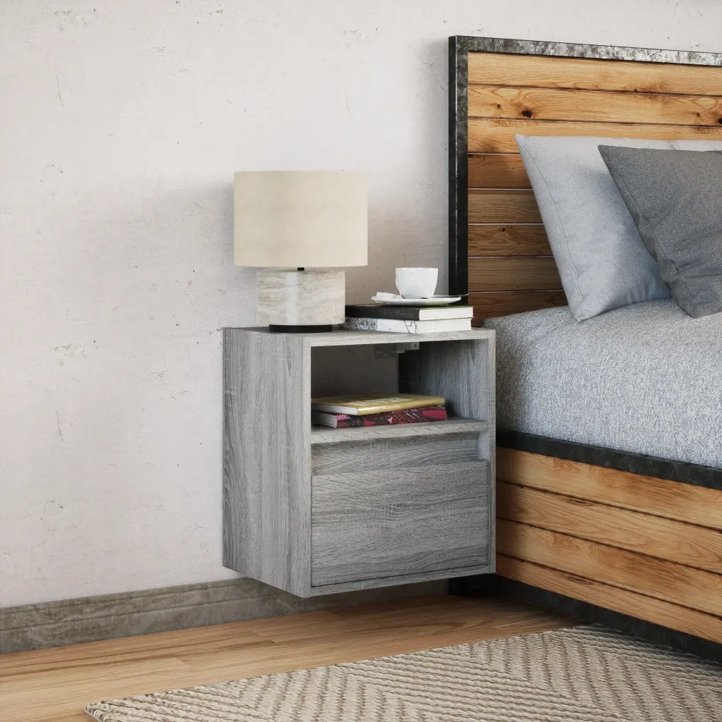 Comodino | Armadio da Notte | Mobiletto da notte a Parete con luci LED Grigio Sonoma