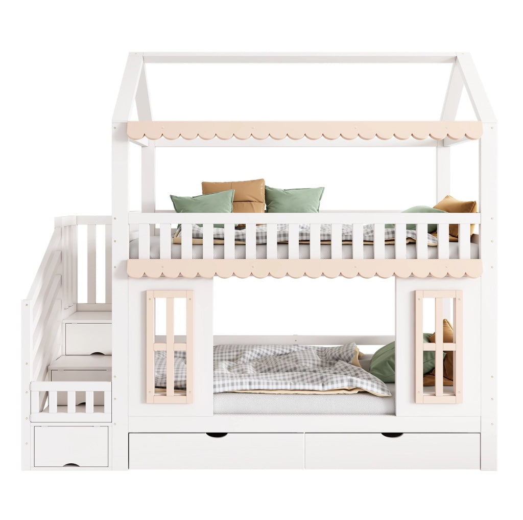 Letto a castello per bambini a casetta 90x200 cm con scala contenitore e 2 cassetti HAVRYA