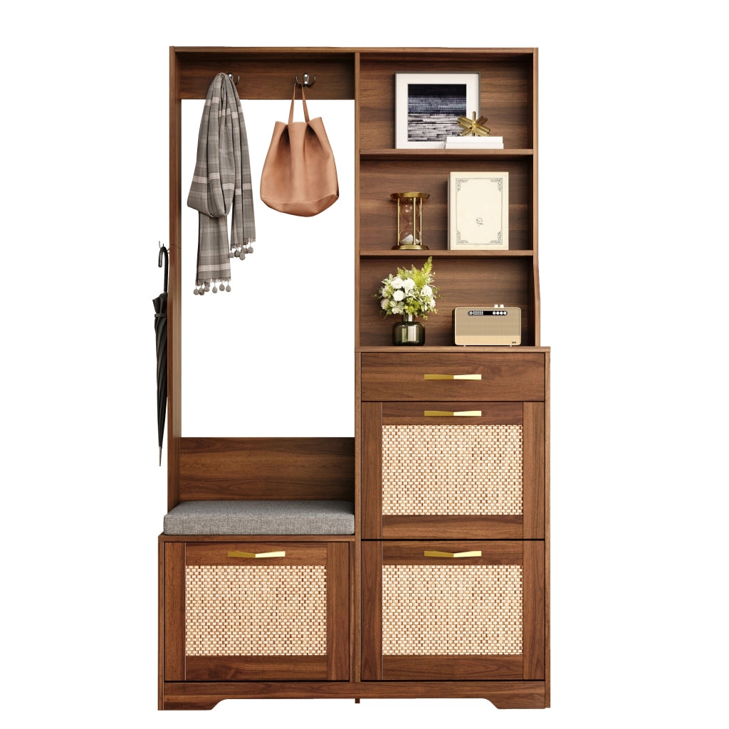 Mobili da ingresso con panca; 3 ribalte porta scarpe; cassetto; ganci e ripiani; in MDF; colore noce