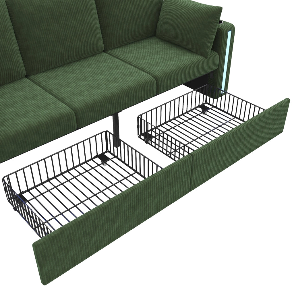 Divano modulare a u e l con 2 pouf contenitore, luci led, porte usb e type-c, verde 190 × 130 × 85 cm