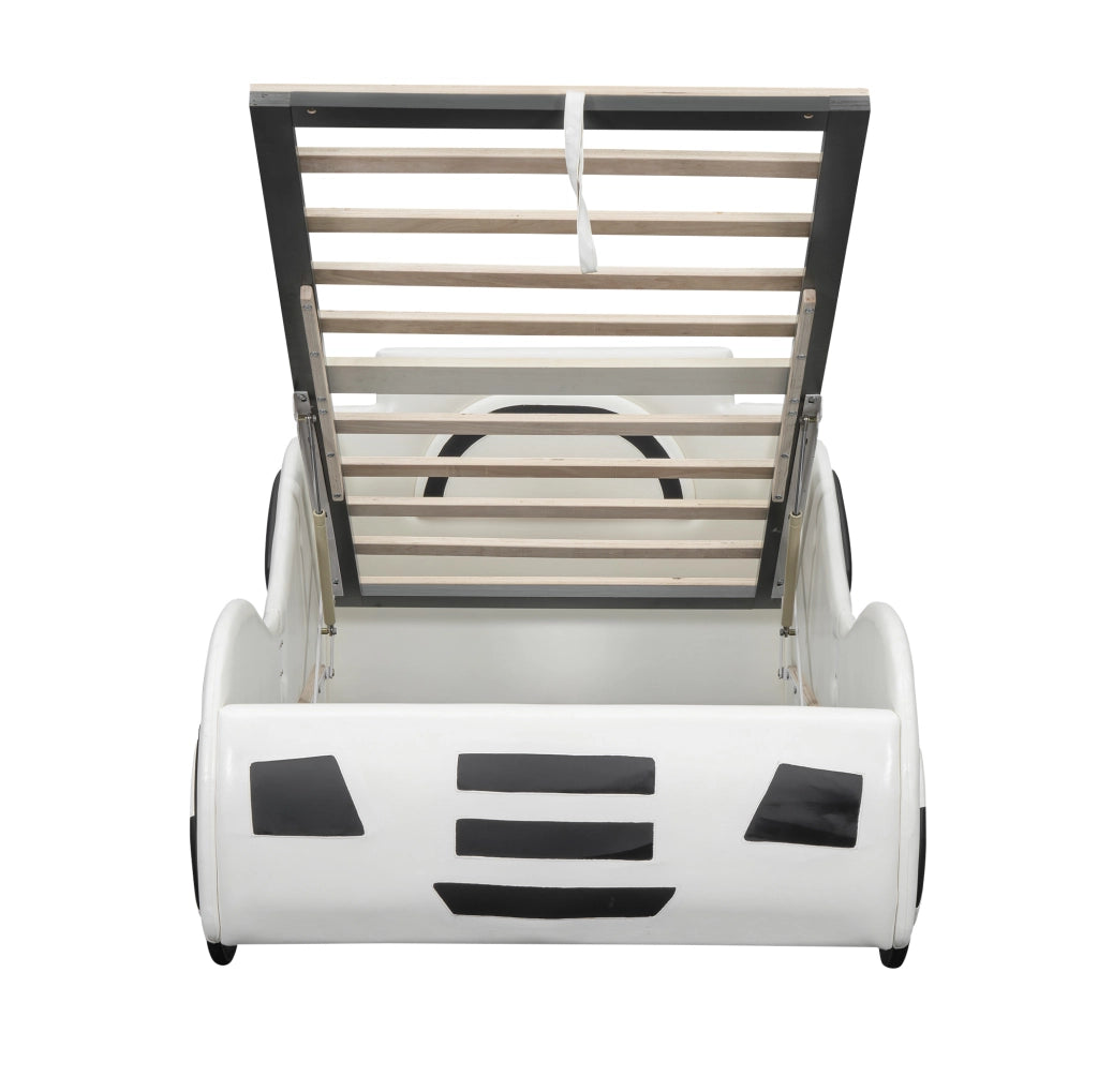 Letto bambino a forma di auto 90x200 cm con contenitore e rete a doghe; bianco