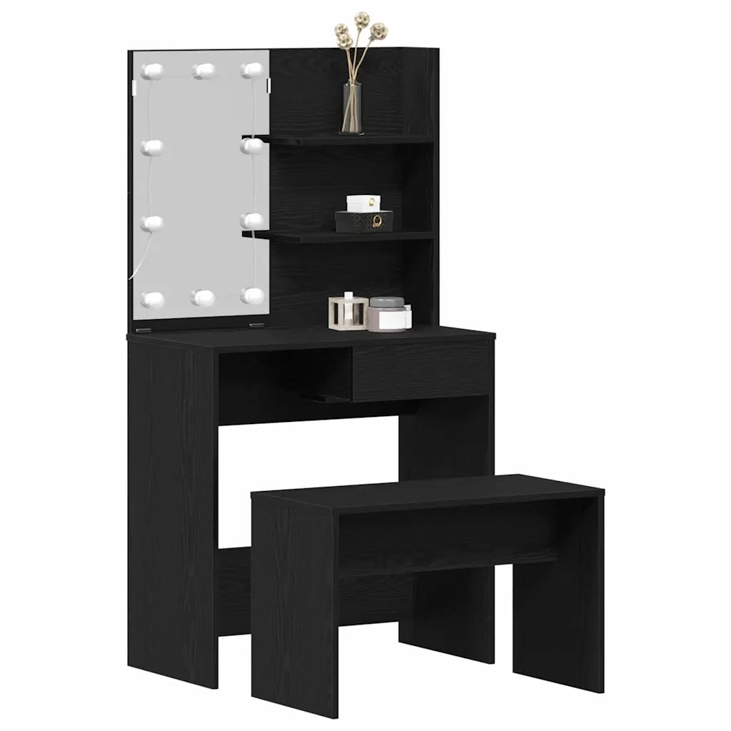 Set Tavolo da Trucco LED 2 pcs Rovere Nero Legno multistrato 3333070