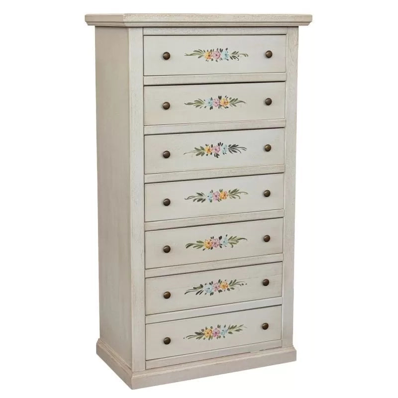 Cassettiera 7 cassetti shabby legno bianco anticato decorata 70x40x120 - Mobili 2G