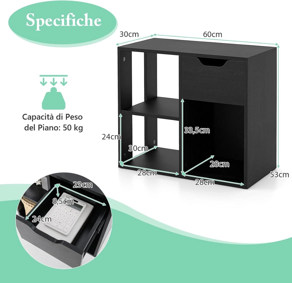 Libreria Scaffale, Libreria Bianco in Legno con Cassetto e 3 Cubi, 60 x 30 x 53 cm, Scaffale Multiuso per Soggiorno, Ingresso, Ufficio e Cameretta (Nero)