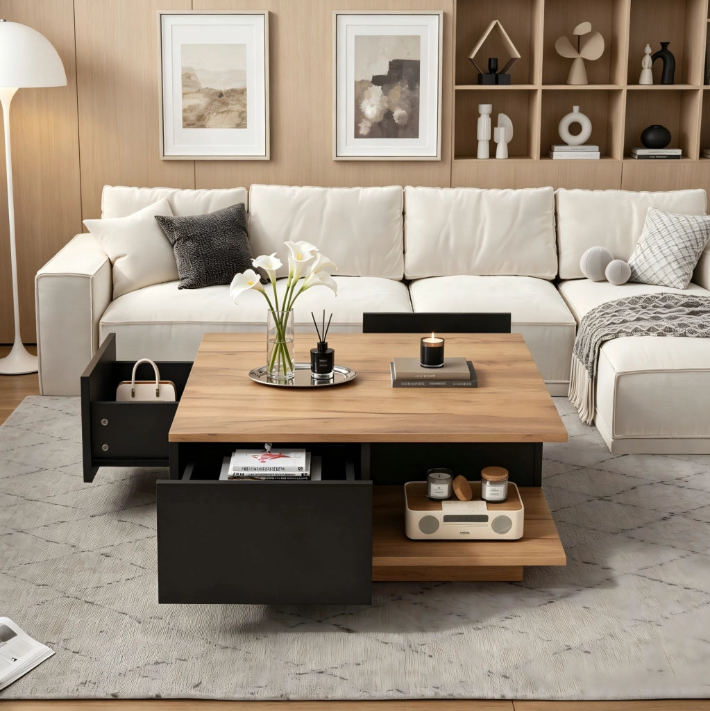 Tavolino da caffè 70x70x31;5 cm con 3 cassetti e vano aperto in truciolare nero e naturale