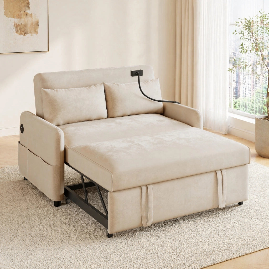 DIVANO LETTO Estraibile 129x163 cm Ciniglia Beige con USB e supporto telefono