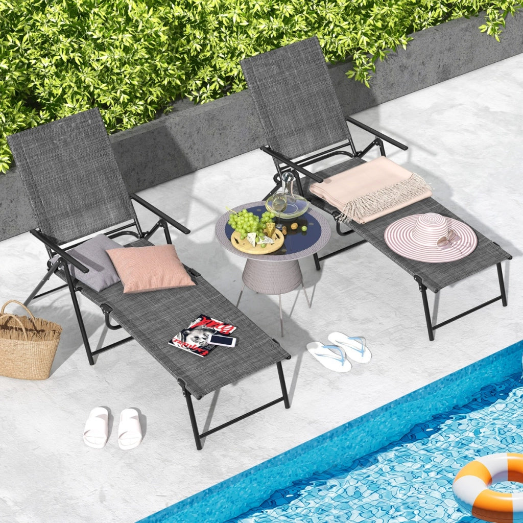 Sedie a sdraio pieghevoli per giardino, Set di 2 sedie reclinabili da esterno con schienale a 6 livelli Grigio-Poltrone e sdraio
