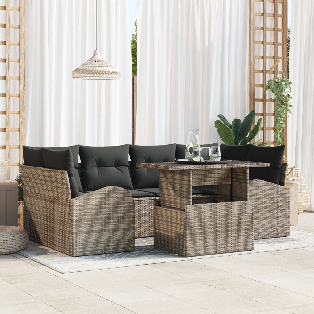 Set divano da giardino 7 pezzi con cuscini Grigio Polyrattan