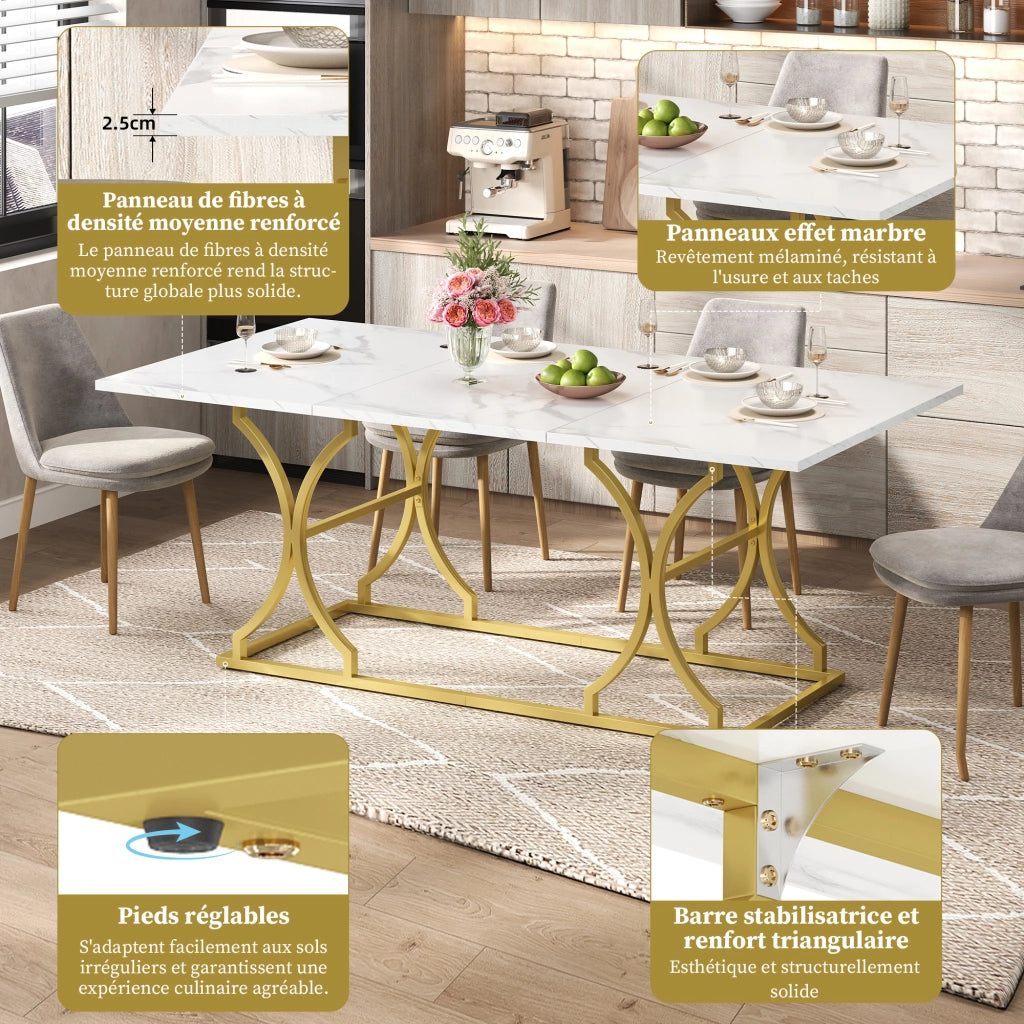Tavolo da pranzo per 8-10 persone con piano effetto marmo e gambe in metallo dorato, per soggiorno, 200 × 80 × 76 cm