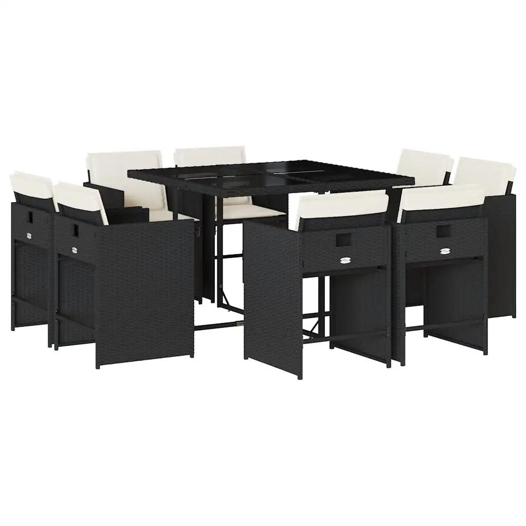 Set da Pranzo da Giardino 9 pz con Cuscini Nero in Polyrattan 3211194