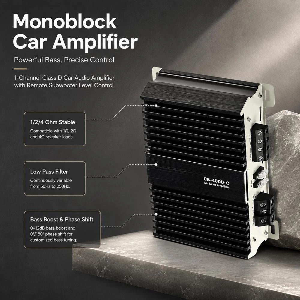 Monoblock Car Amplifier, 400W RMS MAX, 1/2/4 Ohm Stable, 1-Channel Class D Car Audio Amplifier With Remote Subwoofer Level Control, Low Pass Filter, Bass Boost & Phase Shift, Volume Controller
