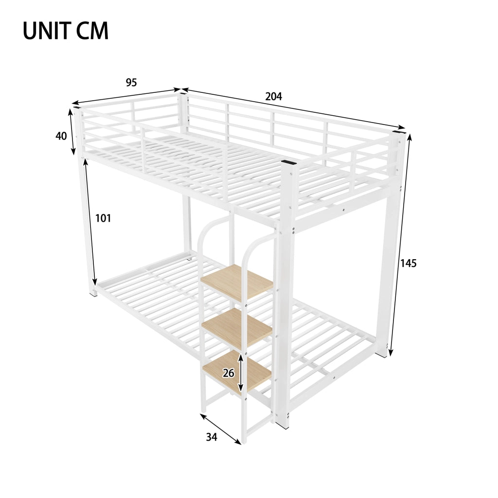 Letto a castello 90 × 200 cm 2 posti con scala integrata e mensole, senza materasso, in metallo e MDF bianco noce