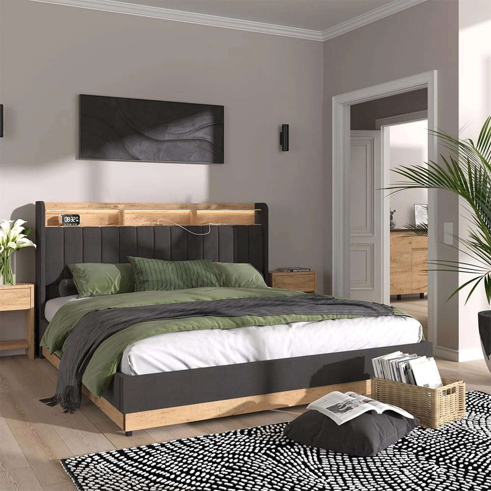 Letto imbottito Nura, Antracite, 180x200 cm con materasso, con porta di ricarica USB, illuminazione LED e telecomando