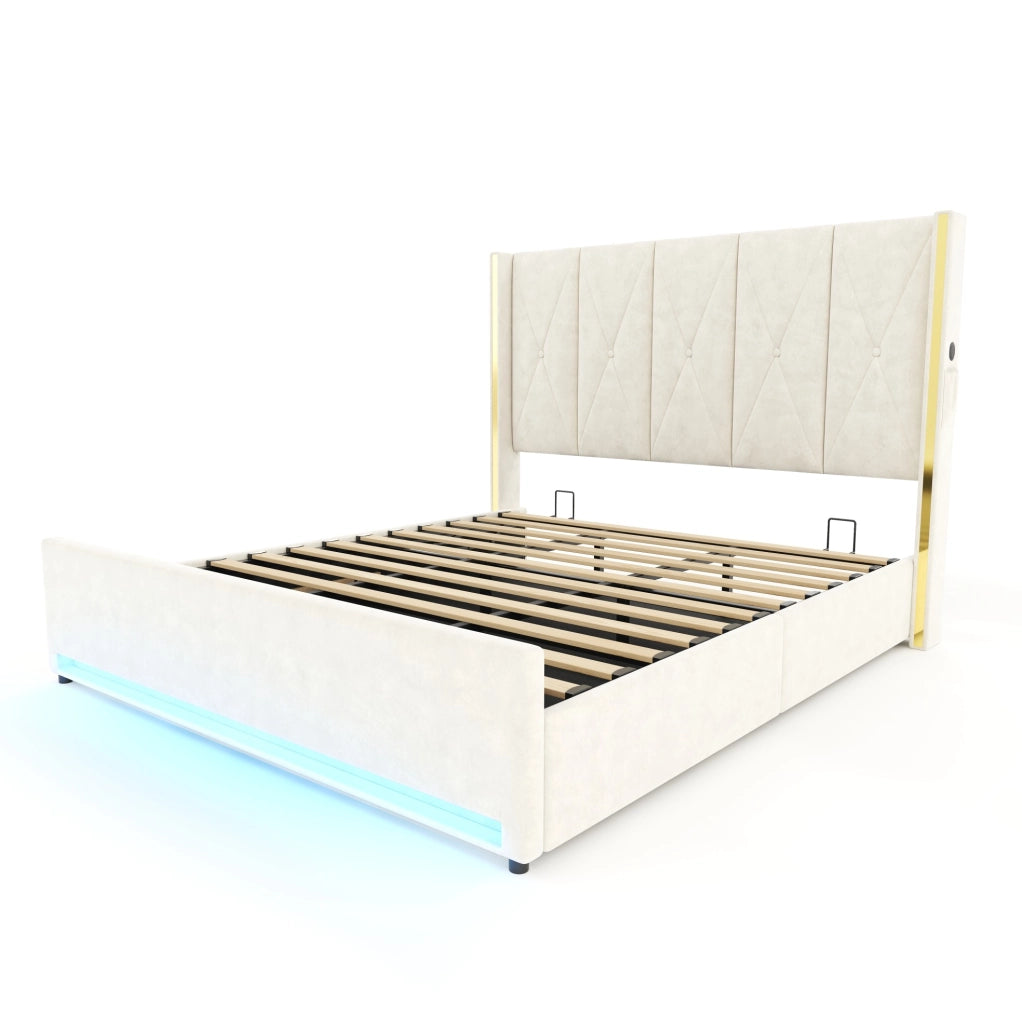 Letto contenitore ULEVR 180x200 cm in velluto beige con LED, USB e Type-C, testiera alta e tasche laterali