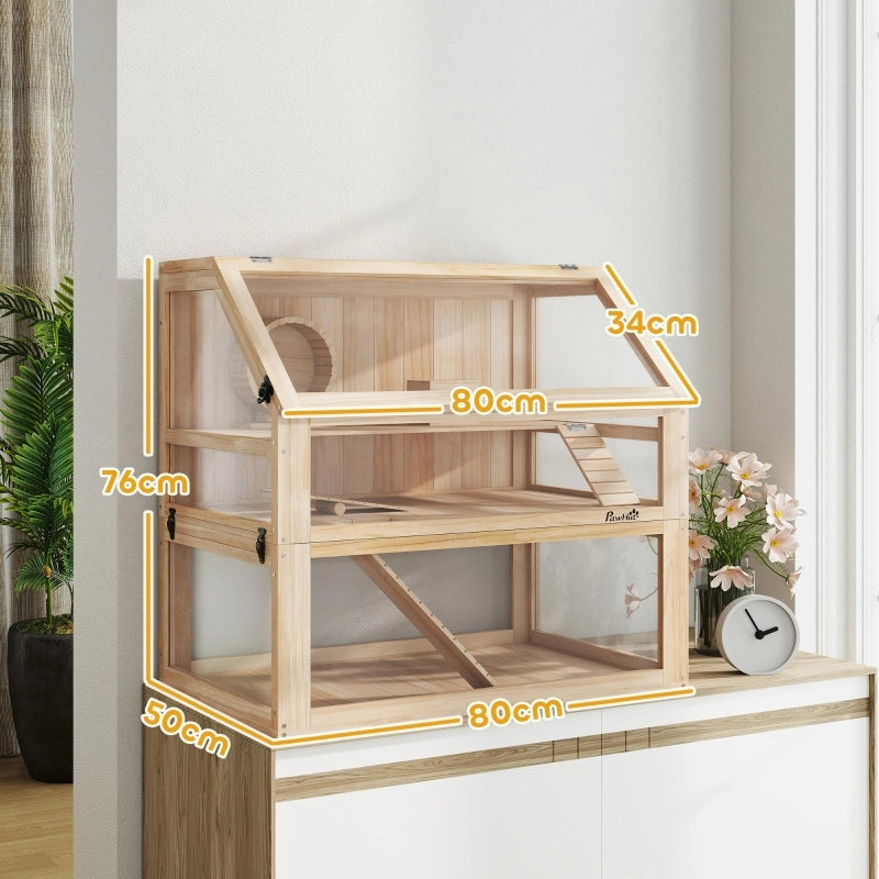 Scaffale a 3 livelli per piccoli animali con accessori, pannelli acrilici e apertura frontale in legno naturale 80 × 50 × 76 cm