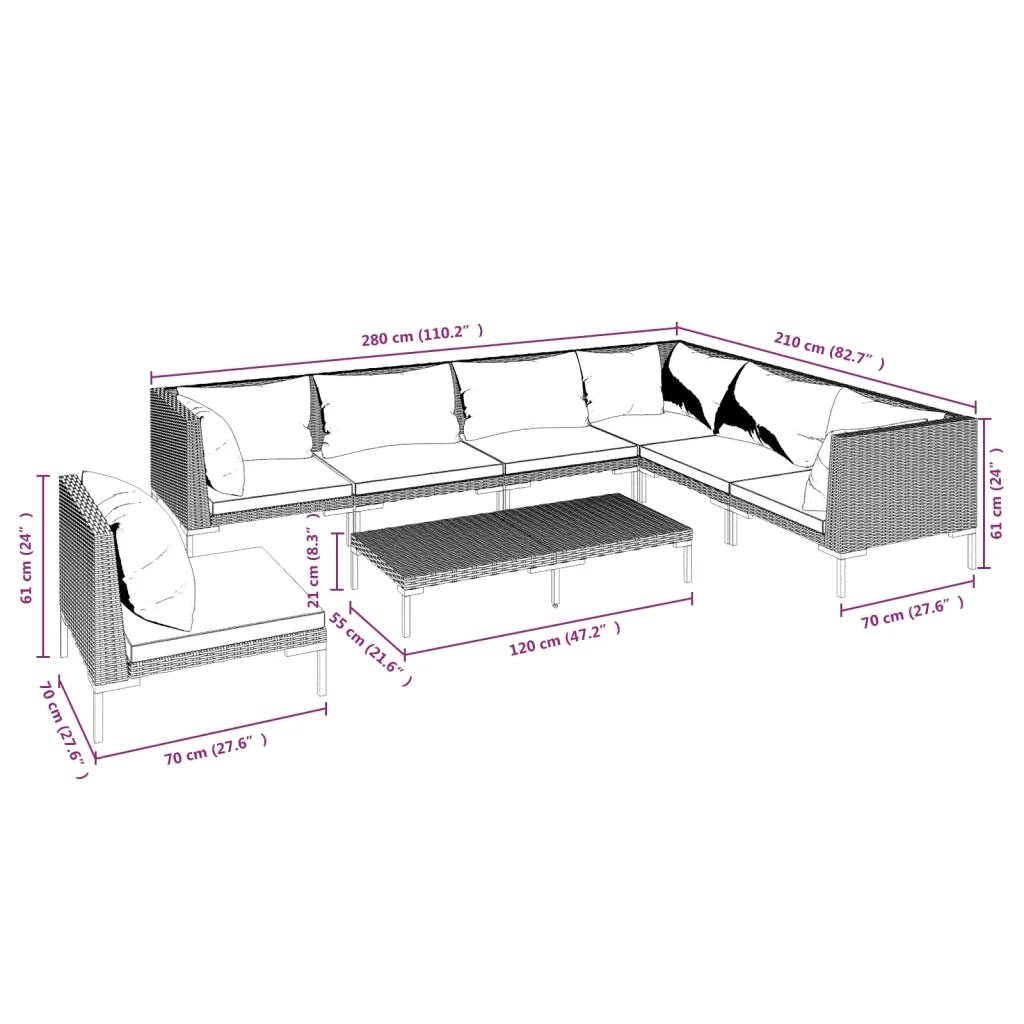 Divani da Giardino 8 pz con Cuscini in Polyrattan Grigio Scuro 3099857