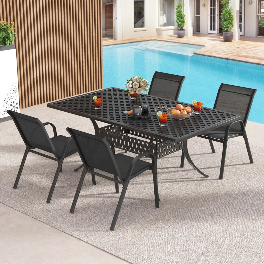 Set di 2 sedie da patio impilabili in metallo con braccioli, Sedie da pranzo in tessuto traspirante Nero-Sedie da esterno