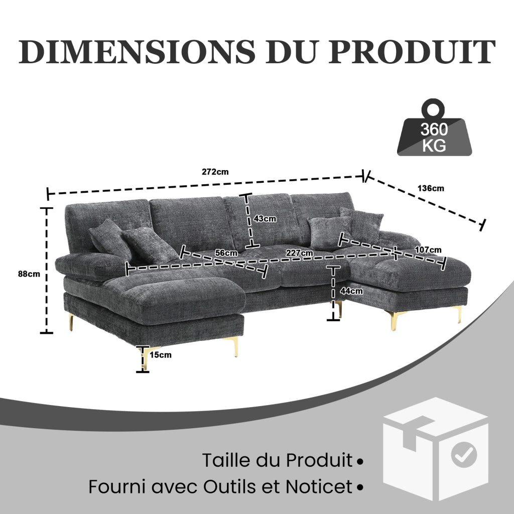 Divano Angolare a U con Doppia Chaise Longue e 6 Cuscini; in Ciniglia Grigio; 272 × 136 × 88 cm