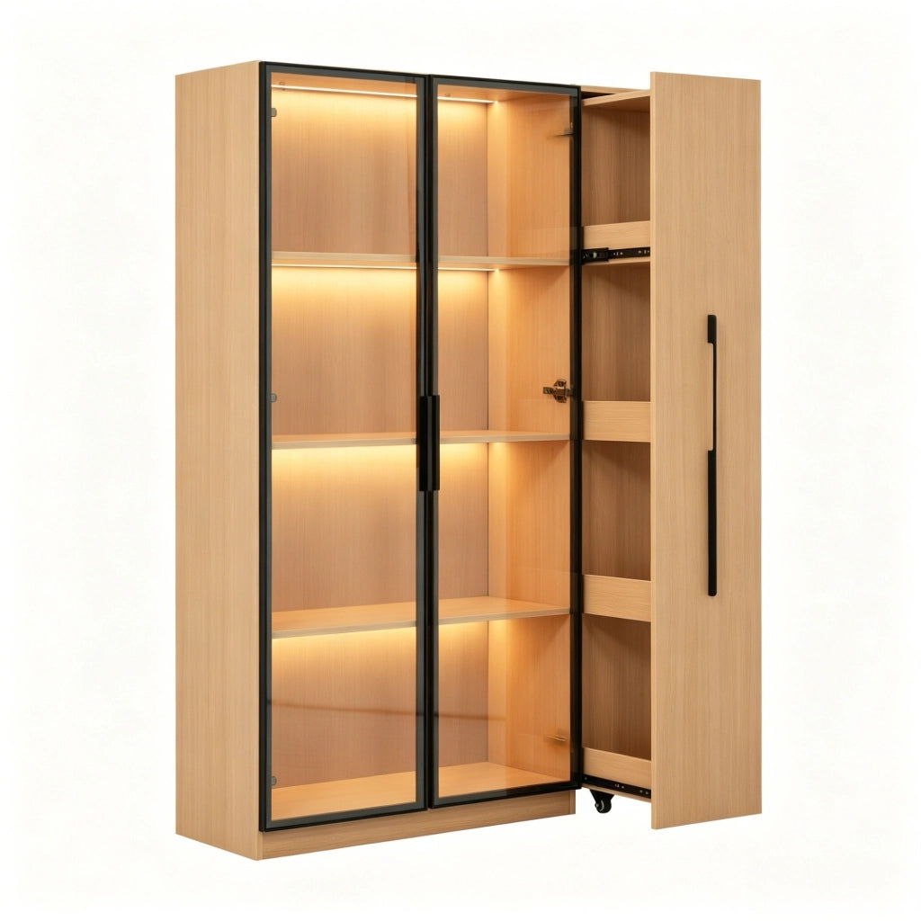 Armadio multifunzione 110,5×35×160 cm con vetrina in vetro e LED, scaffale laterale estraibile, rovere