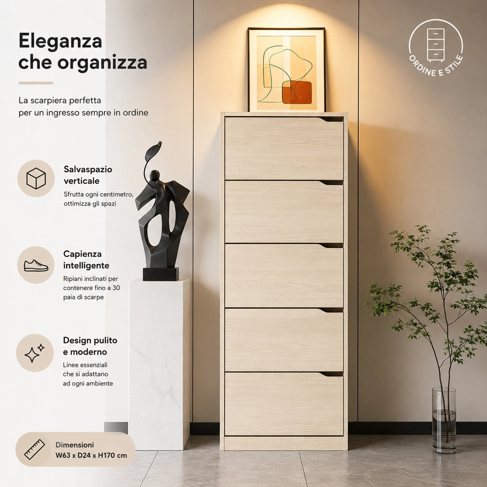 Scarpiera 5 Ripiani 63x24x170 cm Salvaspazio con Maniglia in Melamina Olmo