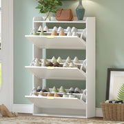 Scarpiera stretta con 3 ante a ribalta, mobile scarpe bianco per ingresso e soggiorno, 76x23x118 cm