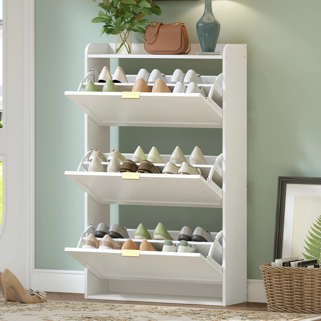 Scarpiera stretta con 3 ante a ribalta, mobile scarpe bianco per ingresso e soggiorno, 76x23x118 cm