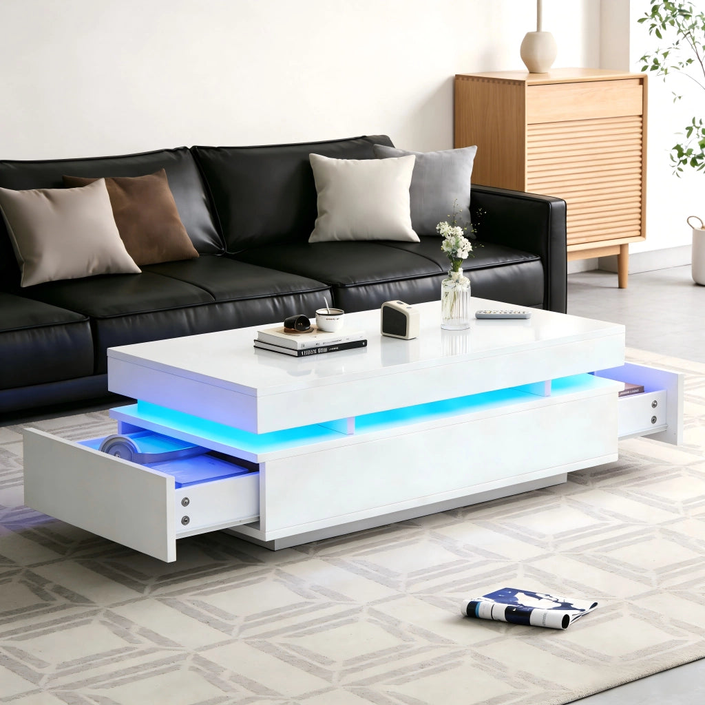 Tavolino da Caff¨¨ con 2 Cassetti e LED ¨C Xylo ¨C Bianco Lucido 100x50x35