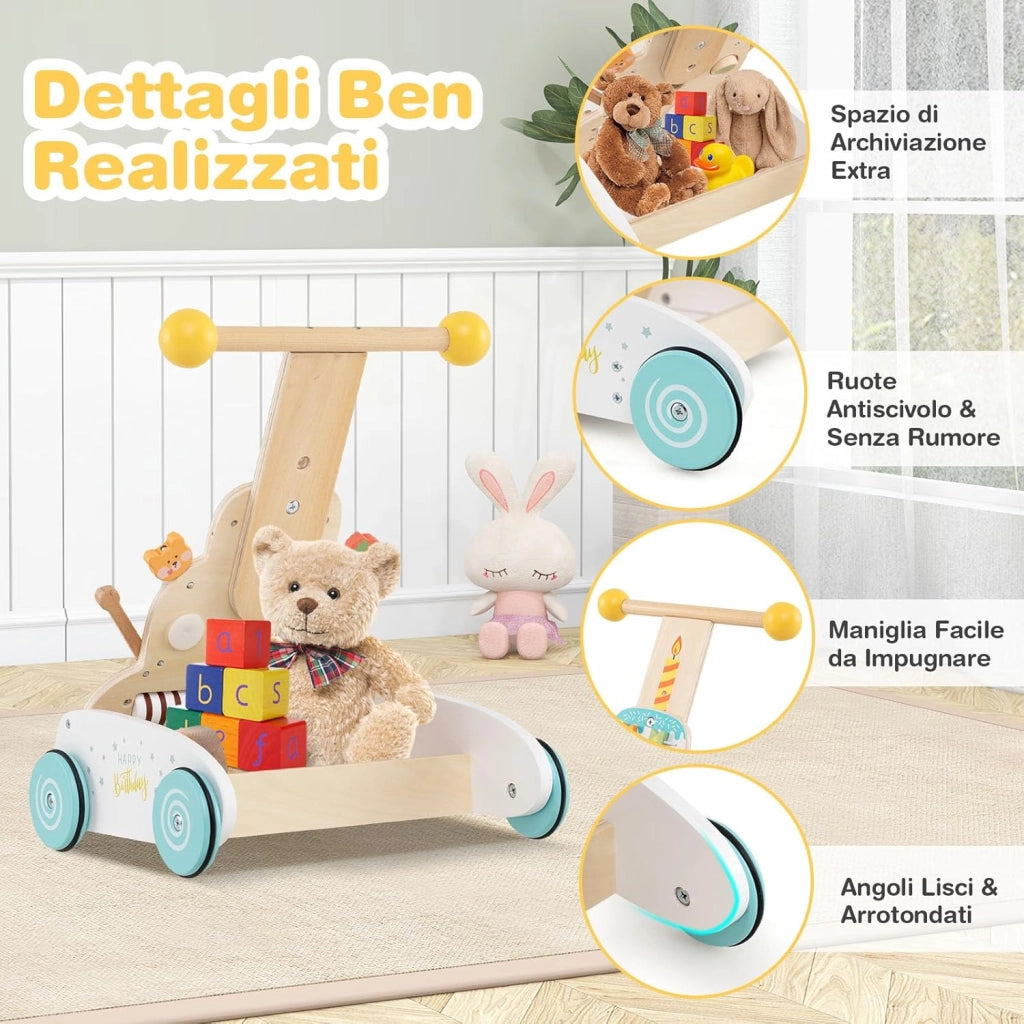 Girello in Legno per Bmabini, Passeggino Regolabile in Altezza con Centro Attività, Carello Primi Passi con Xilofono, Blocchi Scorrevoli e Perline Mobili, per Bambini 1+ Anni