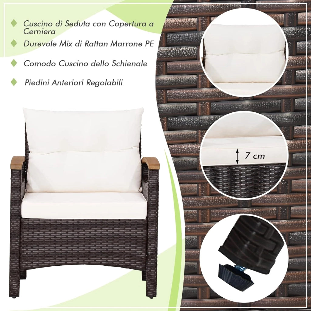 Set di 3 Pezzi di Mobili da Patio, 1 Tavolino e 2 Sedie, con Cuscino Rimovibile, Set di Divani in Rattan per Cortile Piscina Balcone e Patio