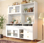 Credenza 145x39x171 cm con porte in vetro; portabottiglie e ampio spazio contenitivo in MDF bianco