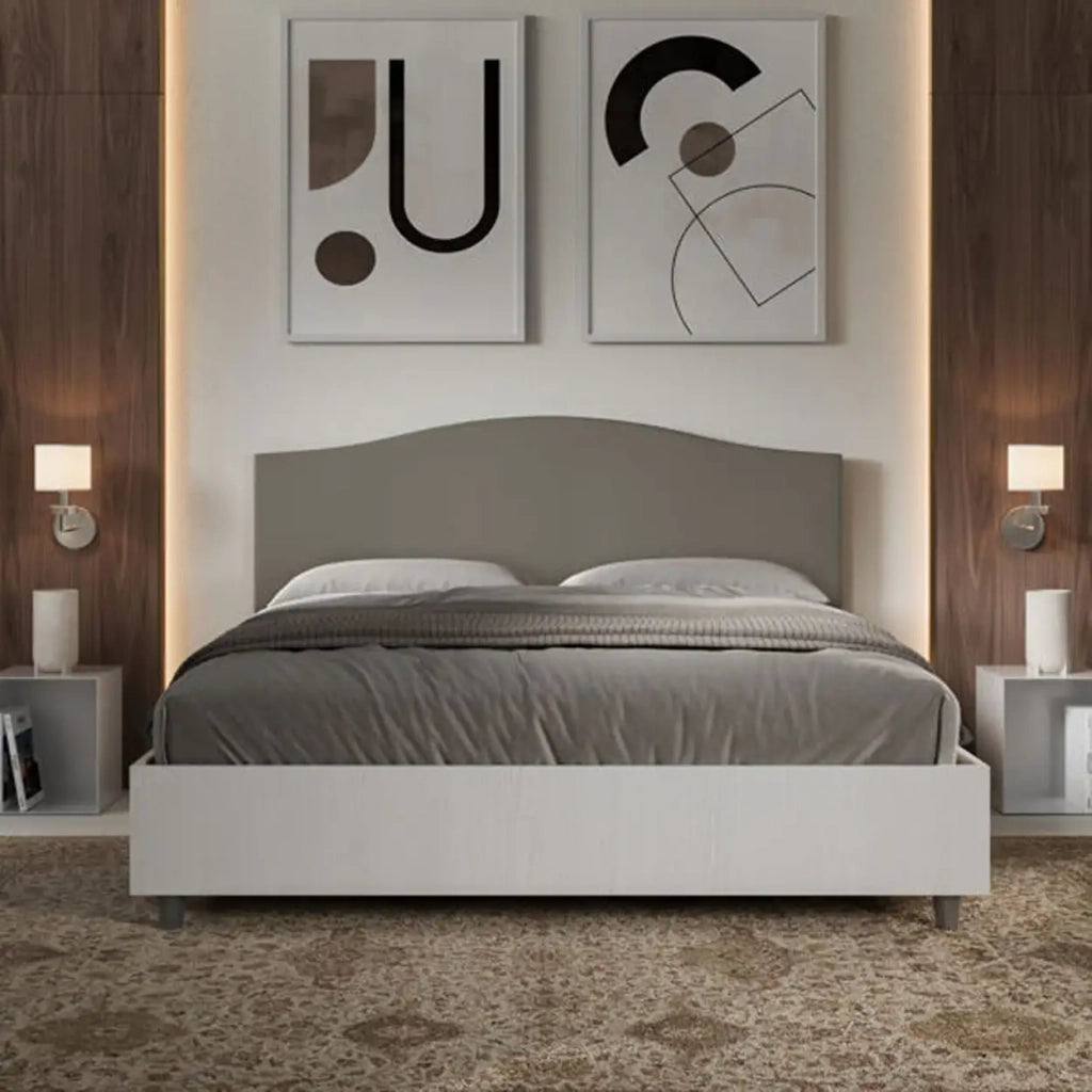 Letto matrimoniale contenitore doppia alzata 160x200 bianco frassino testata similpelle cappuccino Grace