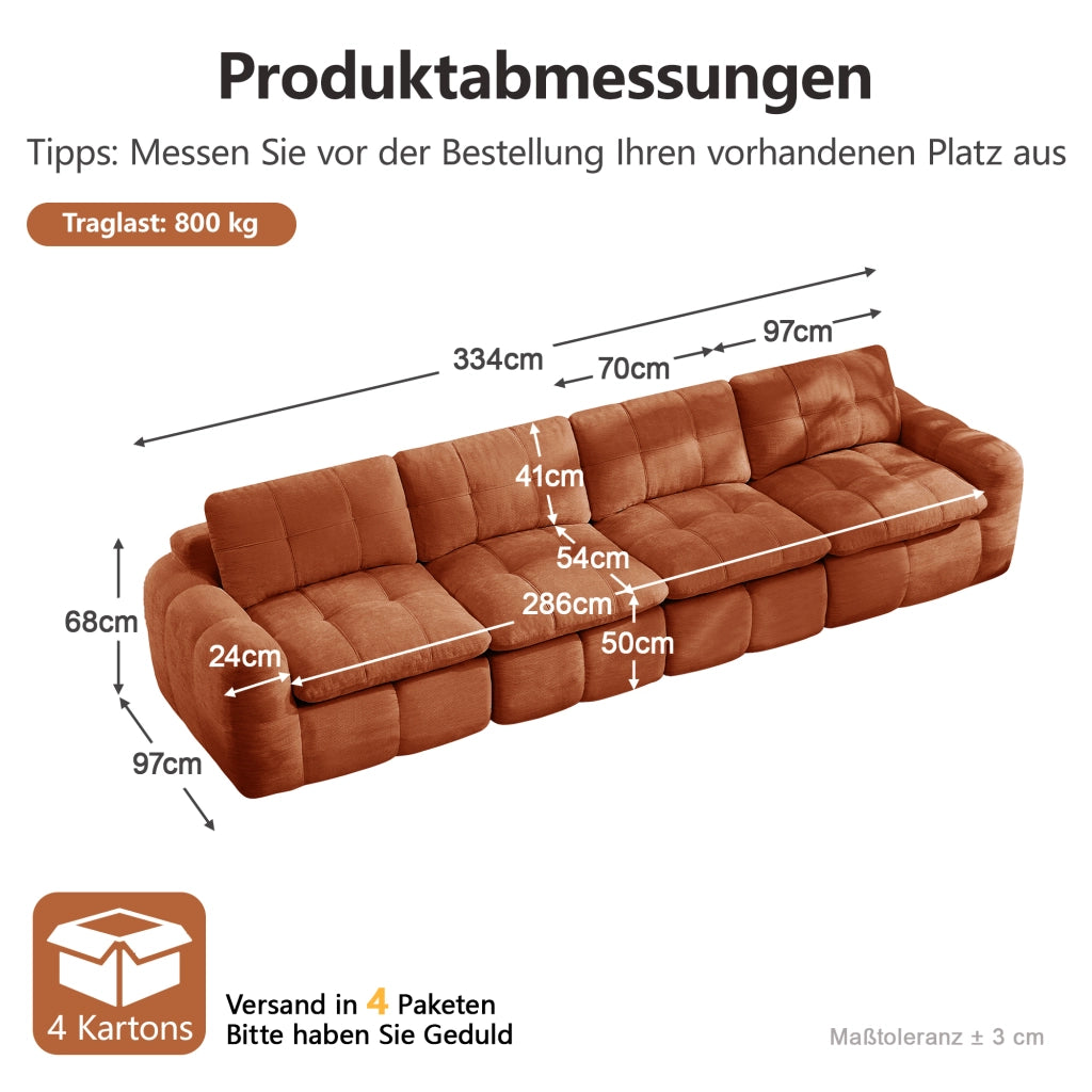 Divano modulare 4 posti in chenille con seduta ampia e profonda senza montaggio arancione 334 × 97 × 68 cm