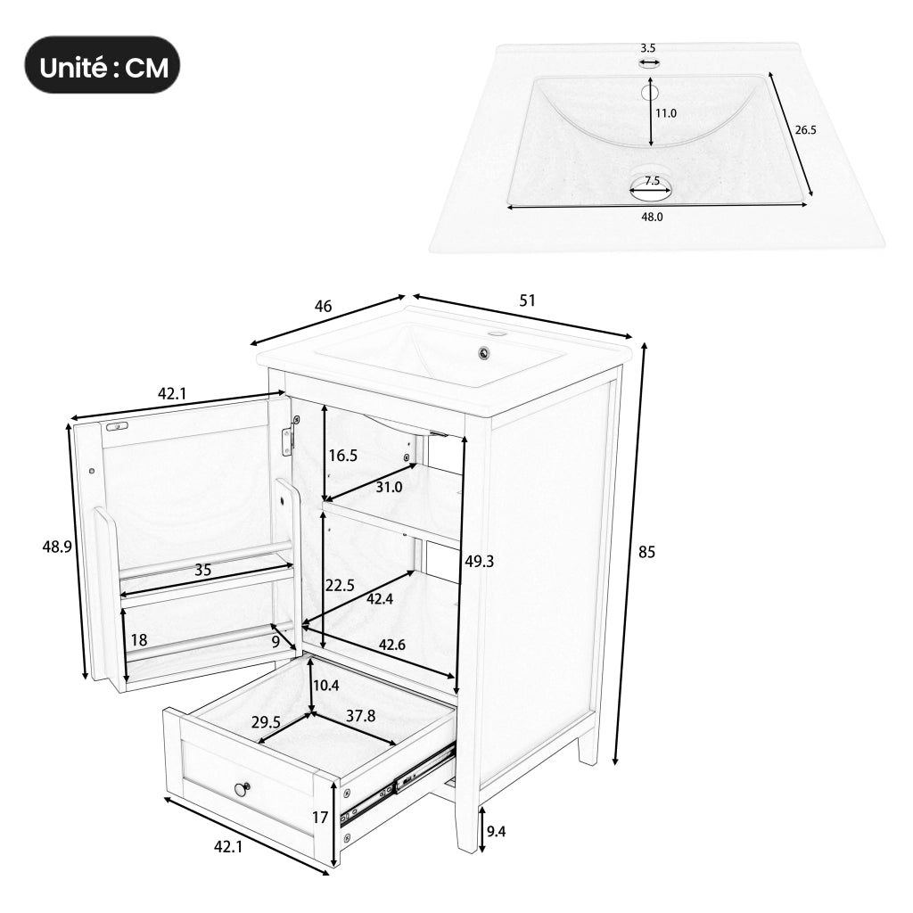 Mobile sottolavabo con lavandino in ceramica, 1 anta, 1 cassetto e ripiano regolabile, per bagno, bianco, 51 × 46 × 85 cm