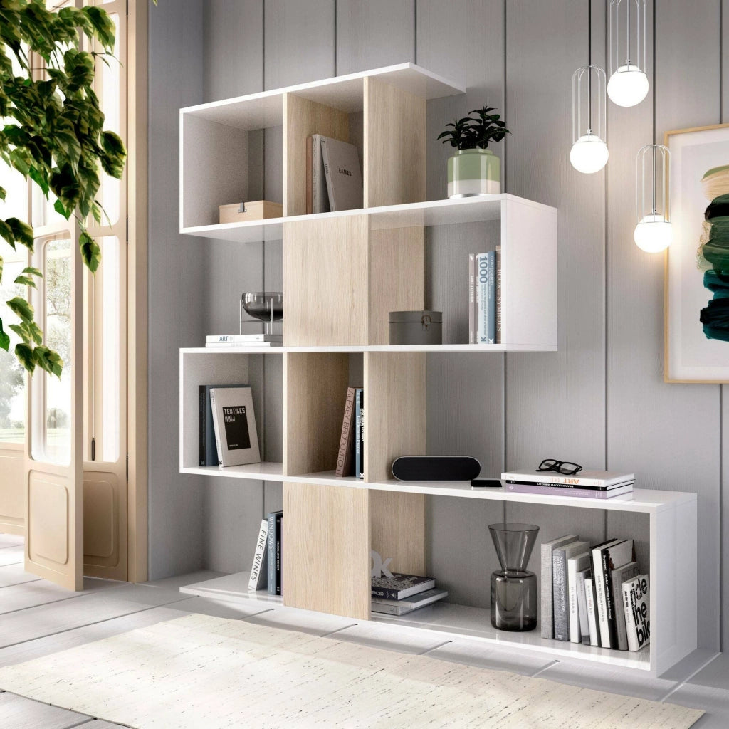 Libreria Ax, Scaffale da ufficio multiuso, Mobile biblioteca portalibri a 4 ripiani, 145x29h145 cm, Bianco e Rovere