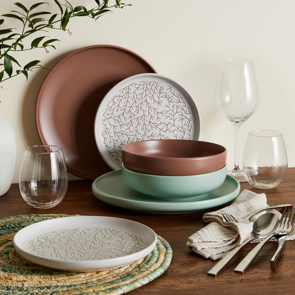 Servizio Piatti Blom 18 Pezzi in Stoneware Brown, Set Tavola in Gres Ceramico Marrone per 6 Persone, Design Moderno ed Elegante