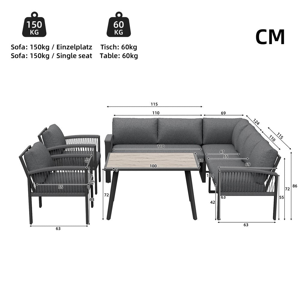 Set Lounge da Giardino 8 Posti con Tavolo ¨C Xylo ¨C Grigio, Corda, Piano Effetto Legno