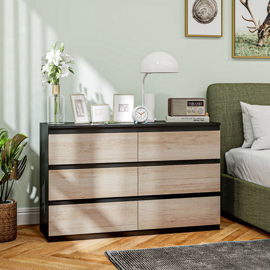 Comò Cassettiera 6 Cassetti 120x39x75 cm con Maniglie a Gola in Legno Nera e color Legno