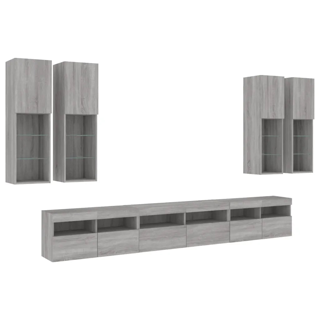 vidaXL Set Mobili TV a Muro 7 pz con Luci LED Grigio Sonoma