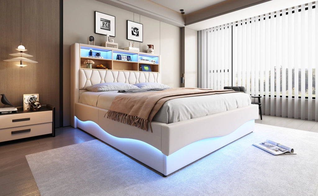 DESMIU Letto contenitore 180 × 200 cm 2 posti con LED, USB, vano contenitore idraulico e ripiano, senza materasso, beige